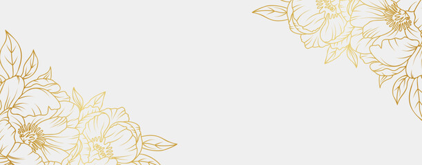 Obraz premium Luxury gold peony flowers background. Floral pattern tropical in line art style for greeting, invitation, wedding card, wall art, wallpaper and print. Vector illustration