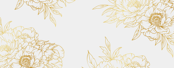 Luxury gold peony flowers background. Floral pattern tropical in line art style for greeting, invitation, wedding card, wall art, wallpaper and print. Vector illustration © abcvector
