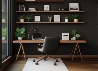 Fototapeta premium Modern living room with wooden table, armchair, monitor, perfect desk setup surrounded by lush green plants
