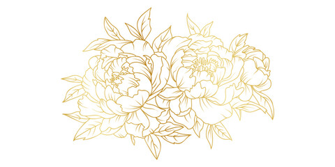 Golden peony flowers line art isolated on white background. Luxury floral design elements for invitation, wedding, wallpaper, print template, vector illustration © abcvector