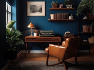 Fototapeta premium Ancient 1900s living room with leather chair, table and typewriter on a blue plain wall 