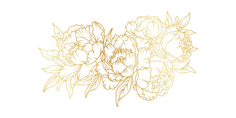 Golden peony flowers line art isolated on white background. Luxury floral design elements for invitation, wedding, wallpaper, print template, vector illustration