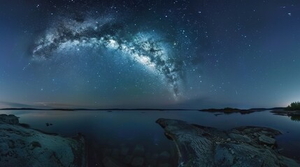 Panoramic blue night sky with milky way and stars on dark background. Fill the universe, nebulae and galaxies with noise and particles. Dark night sky.