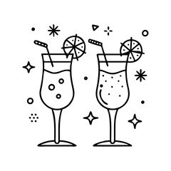 festive cocktails icon, new year illustration, new year icon - simple black line art of festive cocktails, symbolizing new year celebrations. new year vector.