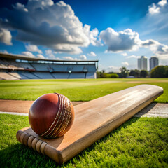 cricket bat and ball in the foreground pitch behind