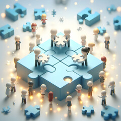 3D Bokeh digital art with team holding puzzle pieces together copy space above. concept as A bokeh digital art scene of a team holding puzzle pieces together representing unity and collaborative effor