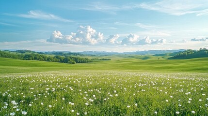 A serene landscape of lush green fields dotted with white flowers under a bright blue sky and fluffy clouds.