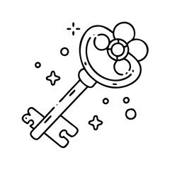 golden key new opportunities icon, new year illustration, new year icon - simple black line art of golden key new opportunities, symbolizing new year celebrations. new year vector.