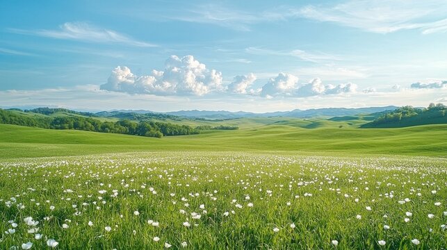A serene landscape of lush green fields dotted with white flowers under a bright blue sky and fluffy clouds.