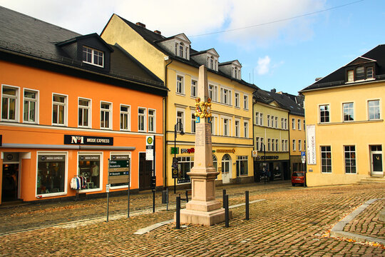 Auerbach, Germany - October 29, 2024: View of Old Market Square in the center of Auerbach town in Vogtland, Saxony.
