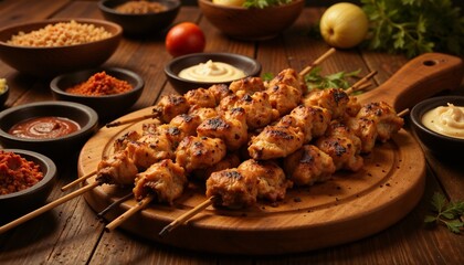 Delicious grilled chicken skewers served on wooden board with various sauces and spices for culinary delight