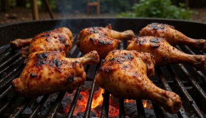 Grilled chicken drumsticks cooking over hot coals on barbecue for outdoor food enjoyment