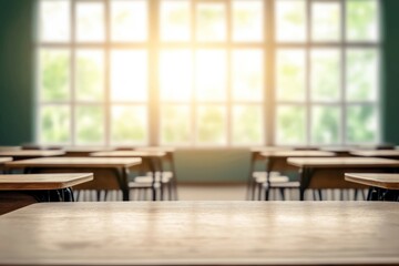 Empty classroom interior shot. Wooden desks, chairs visible. Blurred view of large windows with natural light. Bright sunny day. Educational setting. Suitable for educational resources training