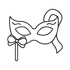 mask with ribbon icon, new year illustration, new year icon - simple black line art of mask with ribbon, symbolizing new year celebrations. new year vector.