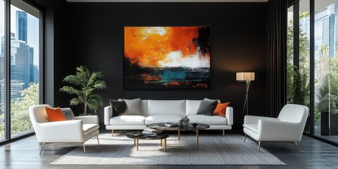 Modern living room featuring vibrant abstract artwork and sleek furniture in a cityscape environment during daylight