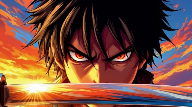 Close-up of a fierce anime character, eyes blazing with determination, holding a katana in front of a dramatic sunset sky.