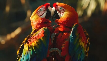 Two colorful parrots displaying affection in a natural setting.