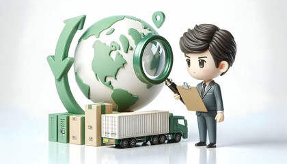 3D Business executive analyzing green logistics in macro close up copy space concept as A business executive analyzes green logistics data in a macro close up emphasizing the importance of sustainable