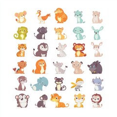 Obraz premium An extensive array of adorable cartoon animal icons, all isolated on a white background.