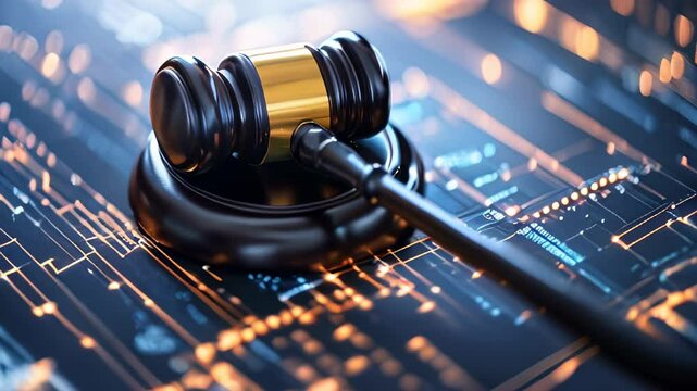 Modern legal gavel resting on a digital circuit board background symbolizing technology in law