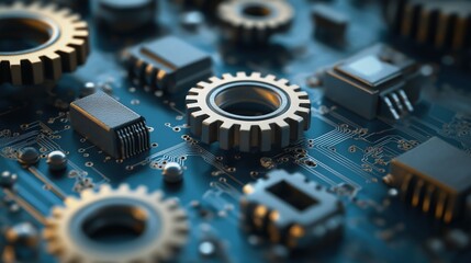 Concurrency represented on a detailed circuit board with metallic gears and components