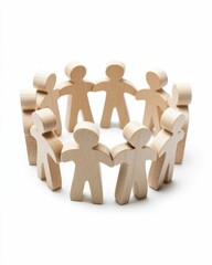 Wooden figures holding hands in a circle.