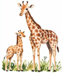 Obraz premium A hand-drawn watercolor illustration featuring adorable giraffes, including a baby and its mother, set against a white background.