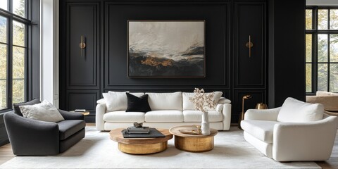 Modern living room with elegant furniture and large windows showcasing a serene atmosphere