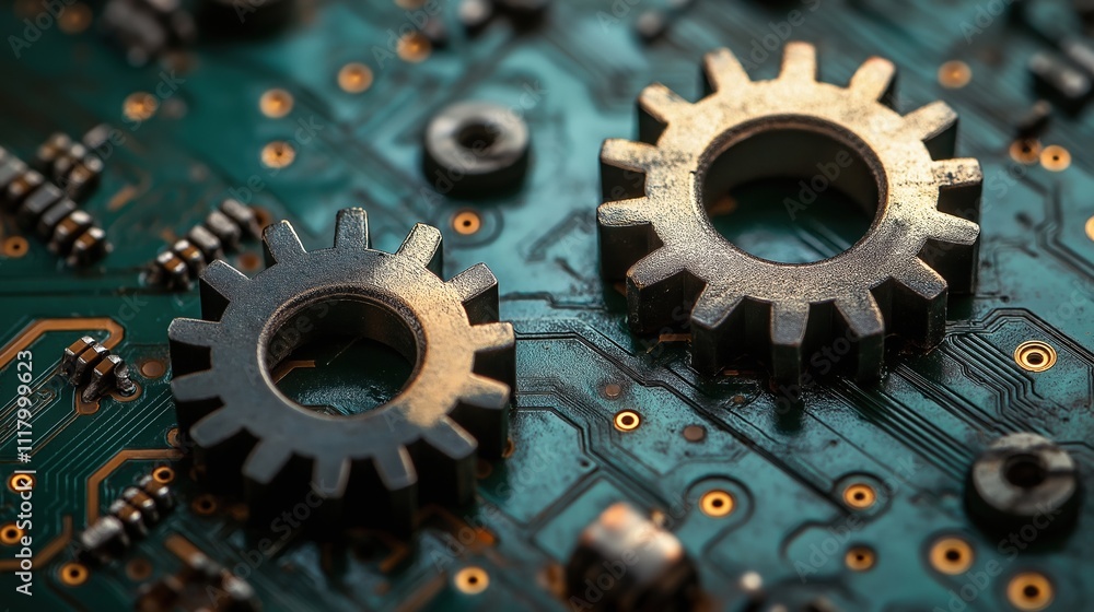 Poster circuit board components symbolize concurrency in technology and digital innovation