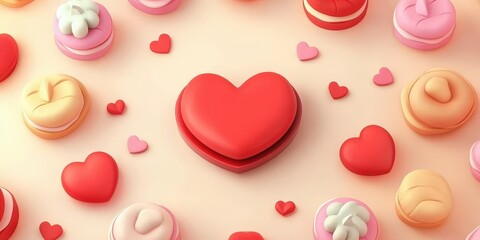 Colorful Heart-Shaped Treats and Macarons on Soft Background for Romantic Celebrations and Special Occasions like Valentine's Day