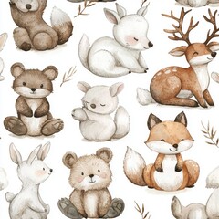 Naklejka premium Seamless watercolor pattern featuring winter animals like bears, deer, squirrels, and foxes. Ideal for textile, wrapping, covers, and decoration with a woodland theme.