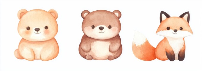Obraz premium Illustrated animal portraits using watercolors. Cute stuffed toys for kids.
