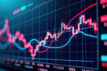 Dynamic financial graph with trend lines and stock market data on digital screen