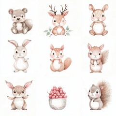 Watercolor illustrations of forest animals, including a bear, fox, bunny, and raccoon, designed for children.
