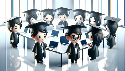 Obraz premium 3D Business graduates holding laptops in glossy office copy space on left concept as Business graduates holding laptops in a glossy office showcasing digital collaboration and modern professional succ