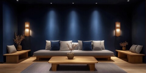 Modern minimalist living room design with calming blue walls and stylish wooden furniture