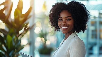 A joyful young businesswoman stands confidently in a bright, modern office, engaging with her digital tablet. Surrounded by lush greenery and sunlight, she exudes professionalism and positivity