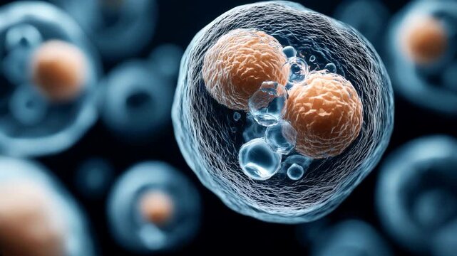 Close-up of biological cells undergoing mitosis with visible nuclei and detailed membrane structures on a dark background, illustrating cellular division and microscopic biology.
