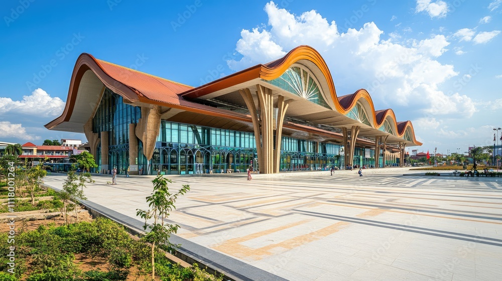 Poster vibrant railway station with unique architecture