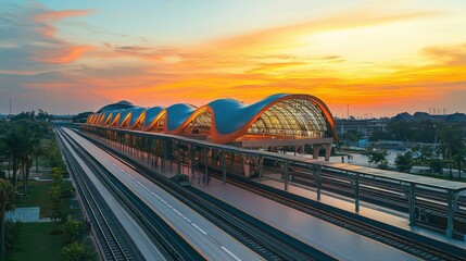 Obraz premium Vibrant Sunset View at Laos Train Station