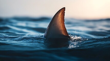 A shark fin emerges from the ocean, creating ripples in the water.