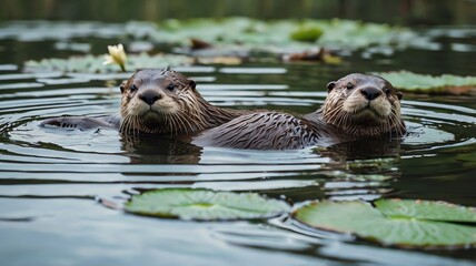 A dark body of water with lily pads