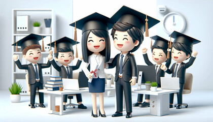 3D Business professionals celebrating graduation in modern office copy space on right concept as Business professionals celebrating a colleagues graduation in a modern office setting showcasing profes