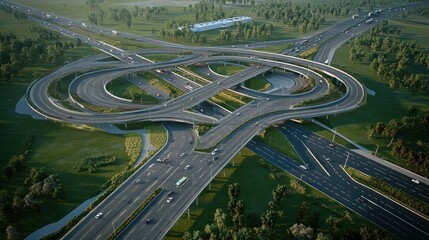 Aerial View of Freeway Junction at Sunrise