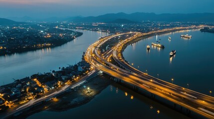 Aerial View of Thai City Riverfront at Dusk