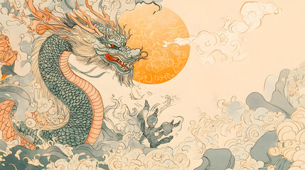 Vibrant Chinese Dragon Doodles, Playful and Whimsical 2D Illustrations for Posters, Tags, and Banners.