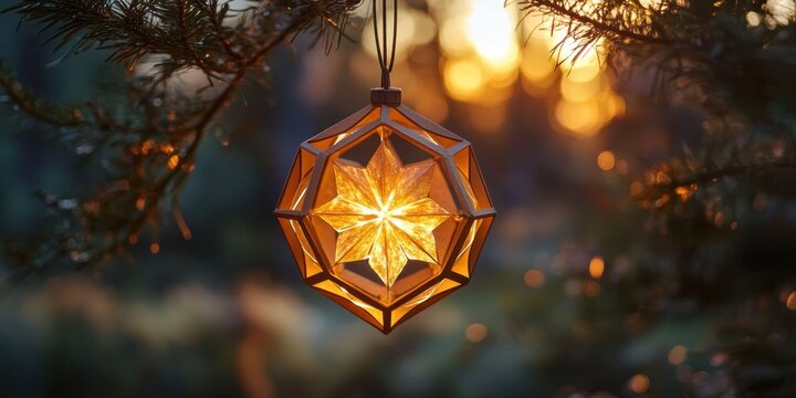 Ornate star-shaped lantern hanging among pine branches at sunset, casting warm light and creating a magical atmosphere in the forest - Powered by Adobe