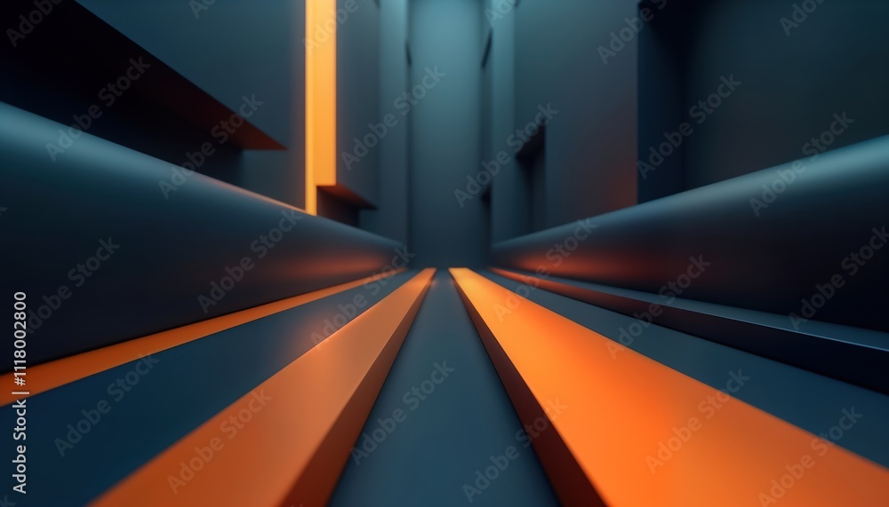Aufkleber abstract 3d business interior with dark navy, orange lines. geometric shapes create futuristic tech 