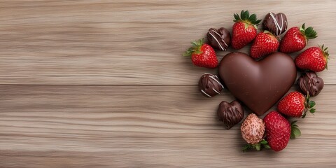 Romantic heart-shaped chocolate surrounded by fresh strawberries and gourmet truffles on rustic wooden tabletop, perfect for any special occasion