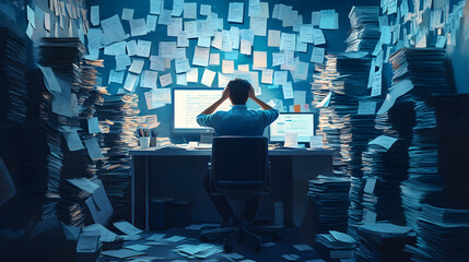 Overwhelmed worker stressed desk office papers documents computer